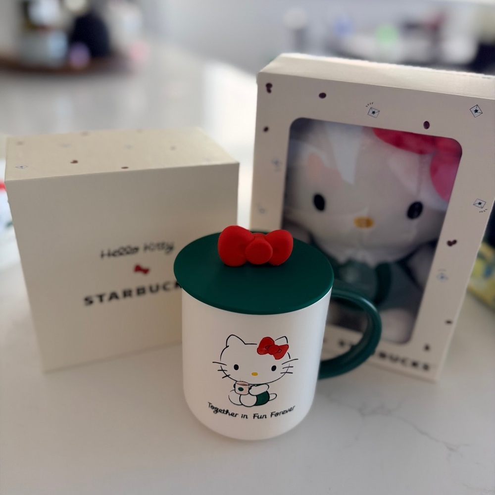 Starbucks Hello Kitty Mug with Green Lid and Red Bow